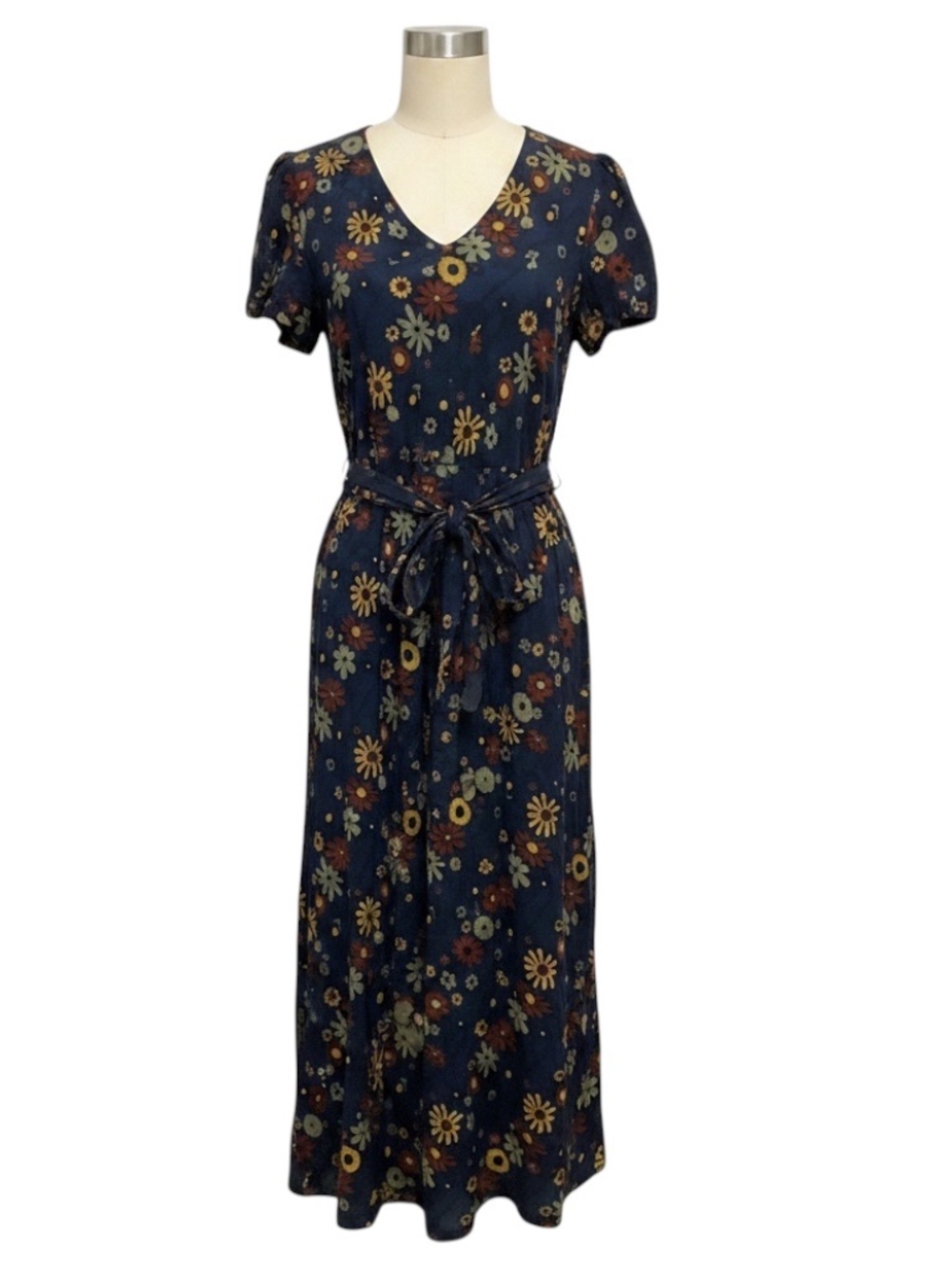 MARNI NAVY BLUE MULTI FLORAL PRINTED SHORT SLEEVED CREPE MAXI DRESS WITH BELT